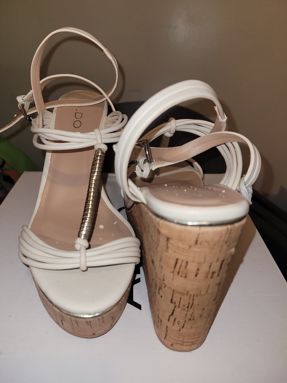Aldo White Cork Platform Wedge Sandals with Metallic Accent